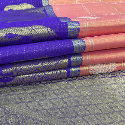 Peach-Orange Kanjivaram Silk Saree With Royal Blue Border
