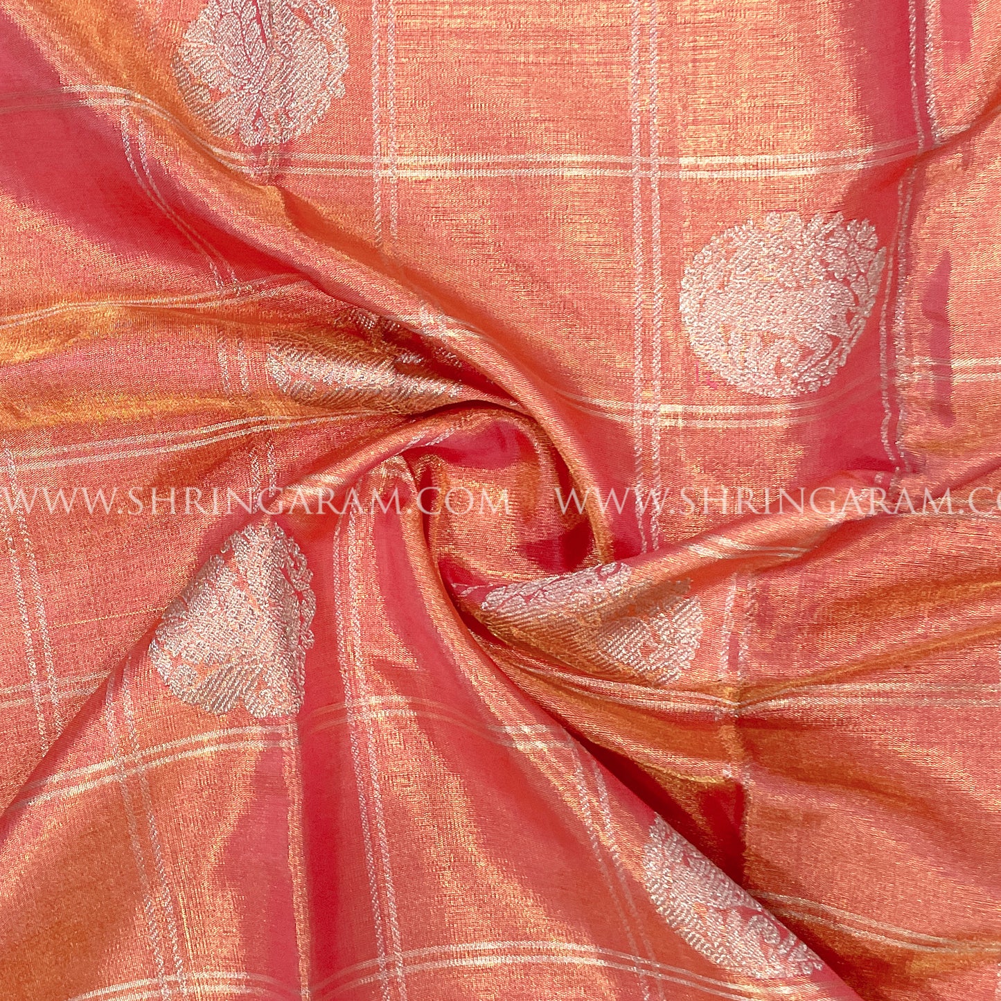 Peach-Orange Kanjivaram Silk Saree With Royal Blue Border