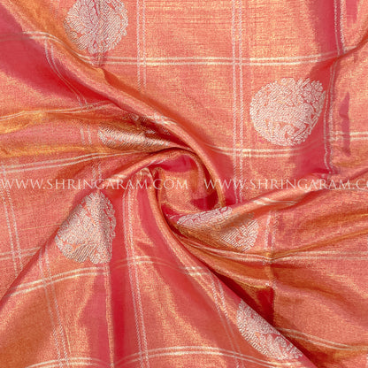Peach-Orange Kanjivaram Silk Saree With Royal Blue Border