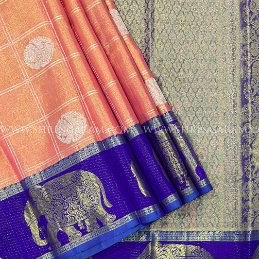 Peach-Orange Kanjivaram Silk Saree With Royal Blue Border