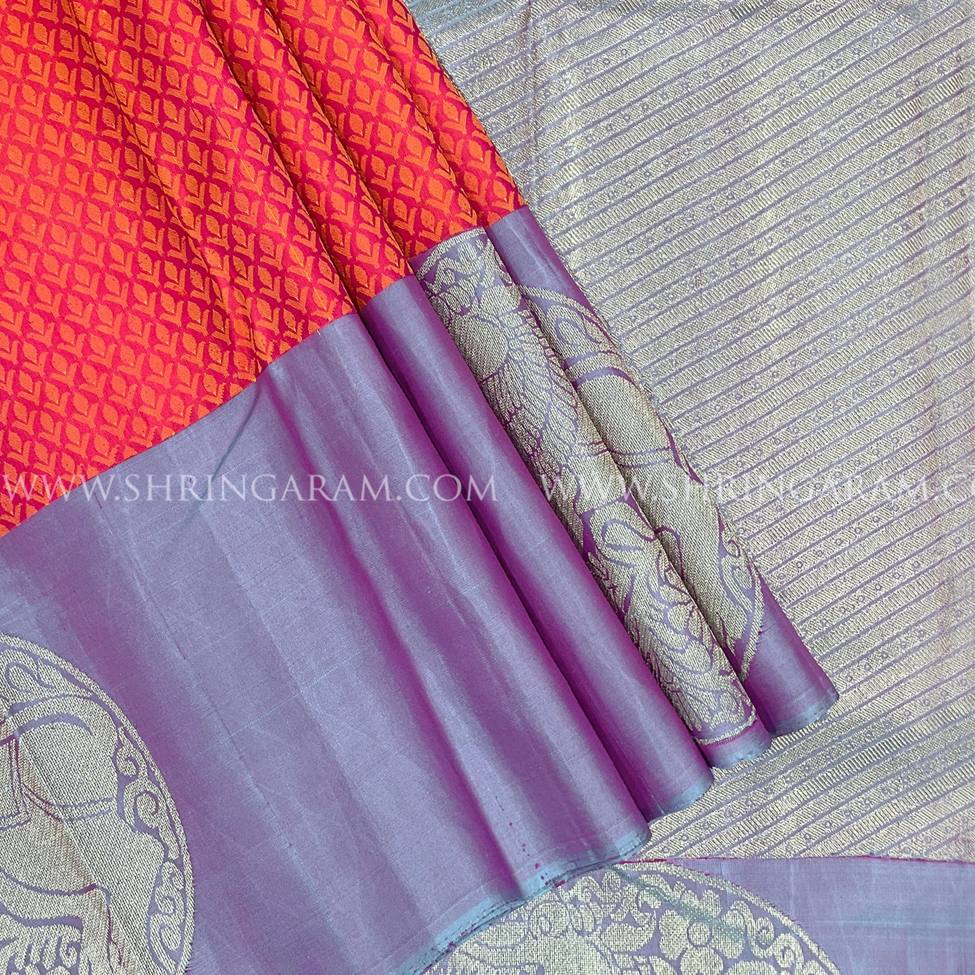 Pink-Red Kanjivaram Silk Saree With Lavender-Purple Border