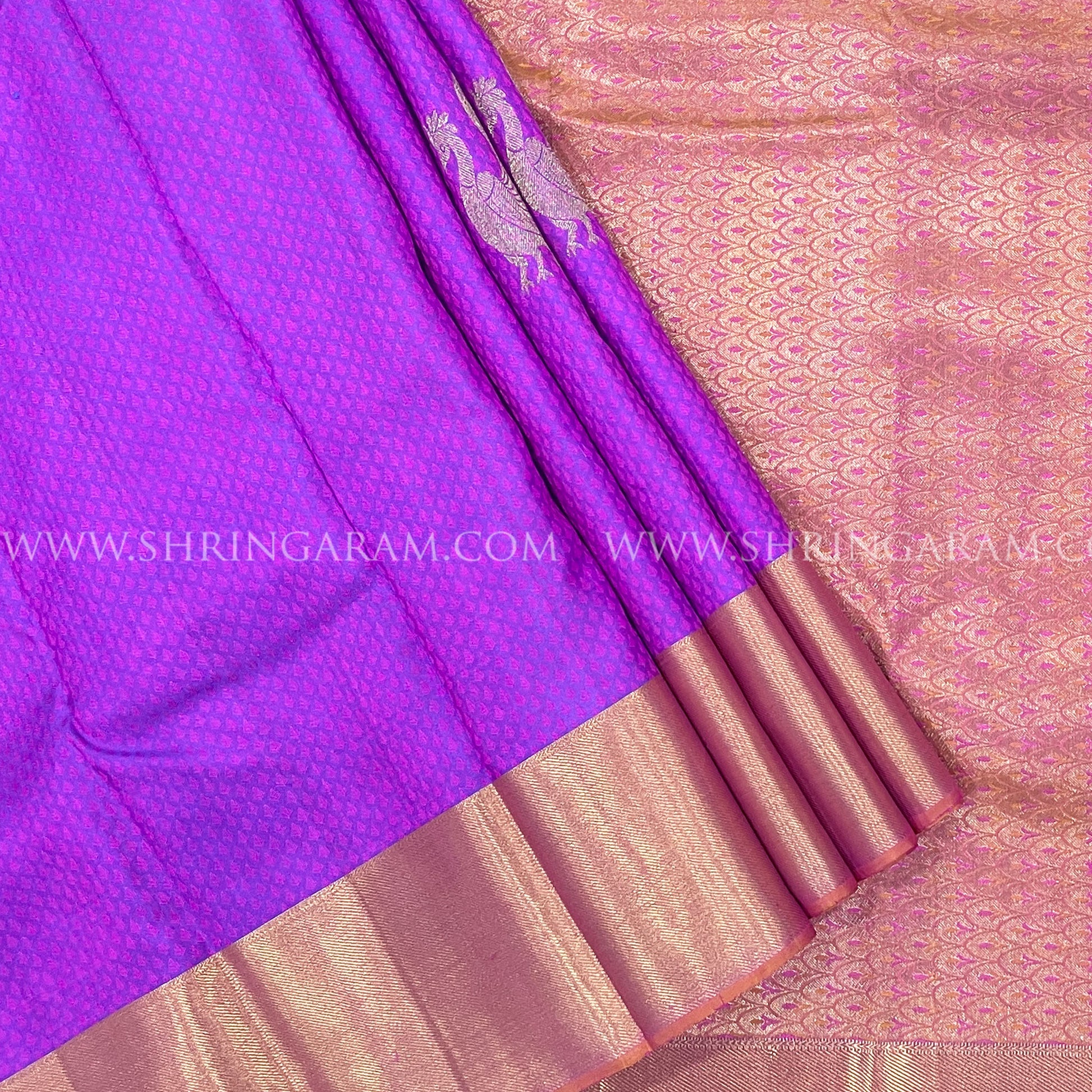 Violet Pink Kanjivaram Silk Saree With Peach Border