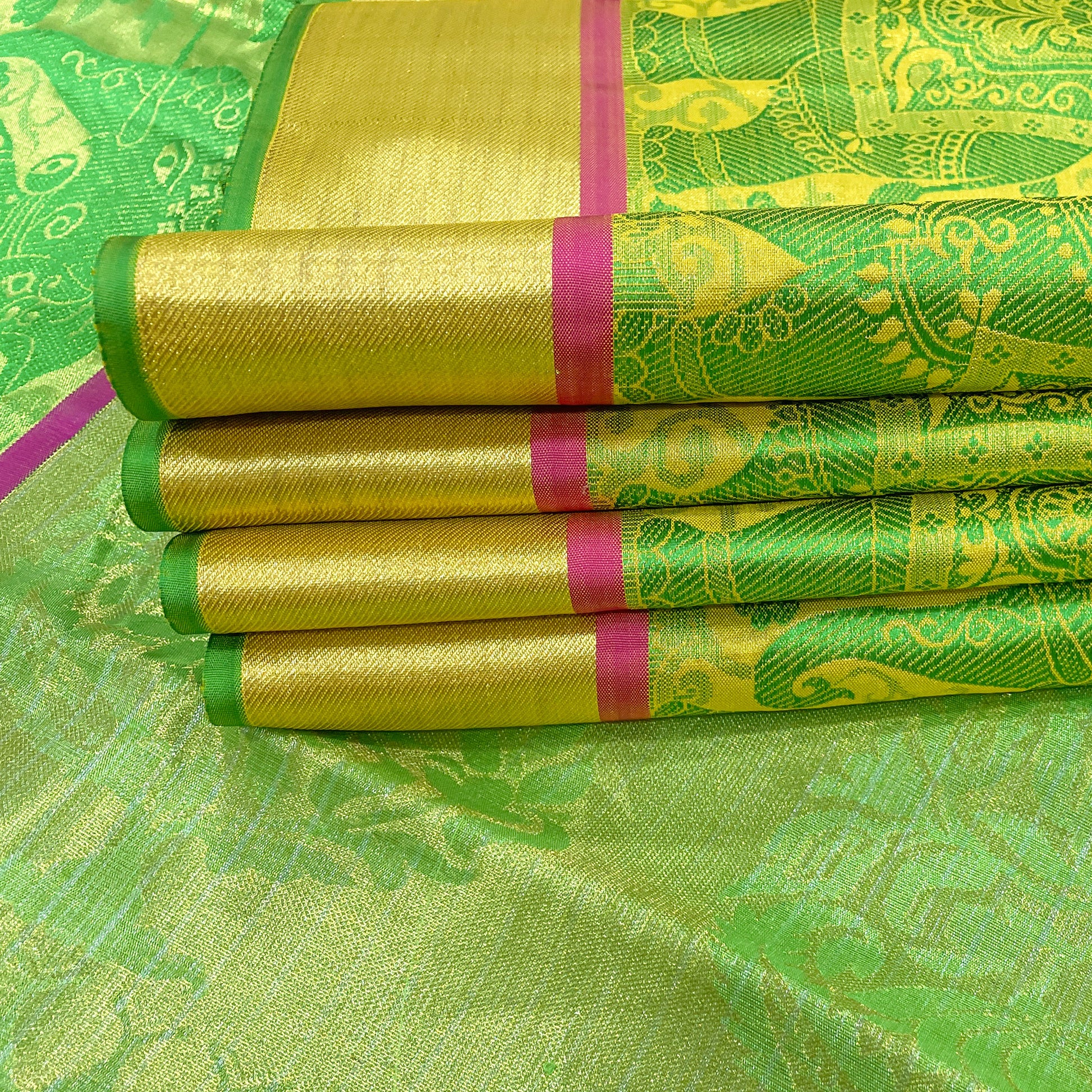 Golden Yellow Kanjivaram Silk Saree With Green Elephant Motifs