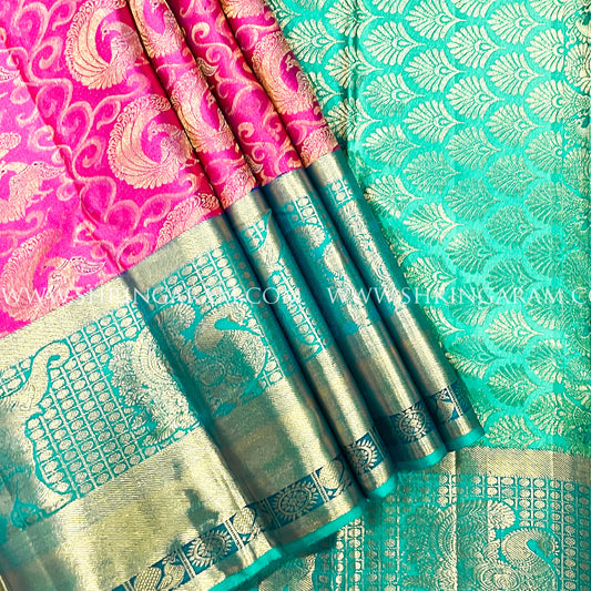 Rich Pink Kanjivaram Silk Saree With Elephant & Peacock Motifs in Zari