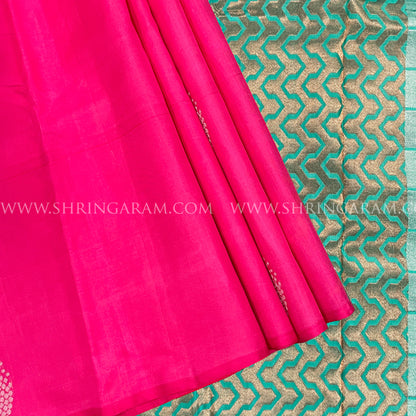 Hot Pink Kanjivaram Silk Saree With Turquoise Pallu.