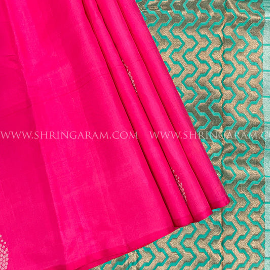 Hot Pink Kanjivaram Silk Saree With Turquoise Pallu.