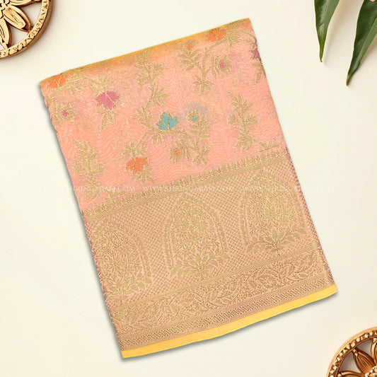 Peach Pink Banarasi Saree With Zari Buta & Floral Motifs