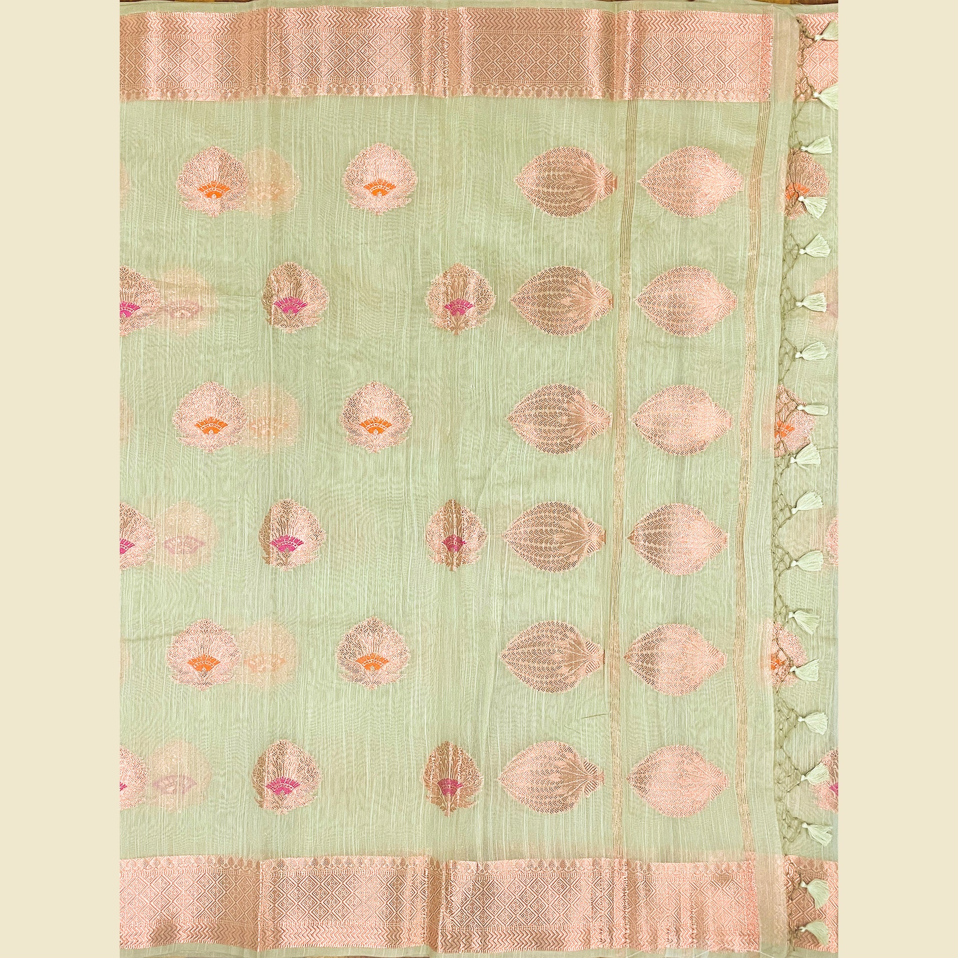 Sage Base With Peach-Toned Zari Motifs 