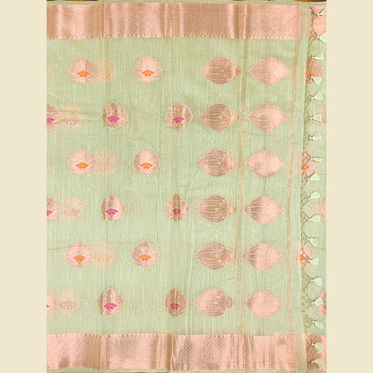 Sage Base With Peach-Toned Zari Motifs 