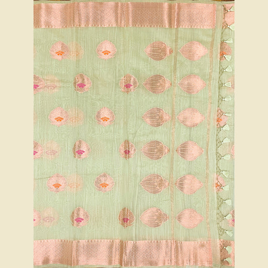 Sage Base With Peach-Toned Zari Motifs Banarasi Saree