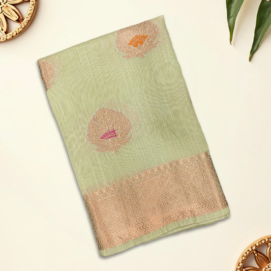 Sage Base With Peach-Toned Zari Motifs Banarasi Saree