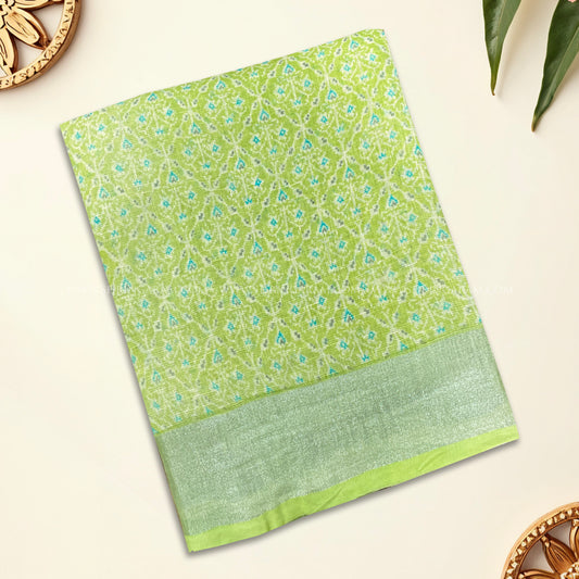 Lime Green With White And Blue Woven Motifs Linen Saree