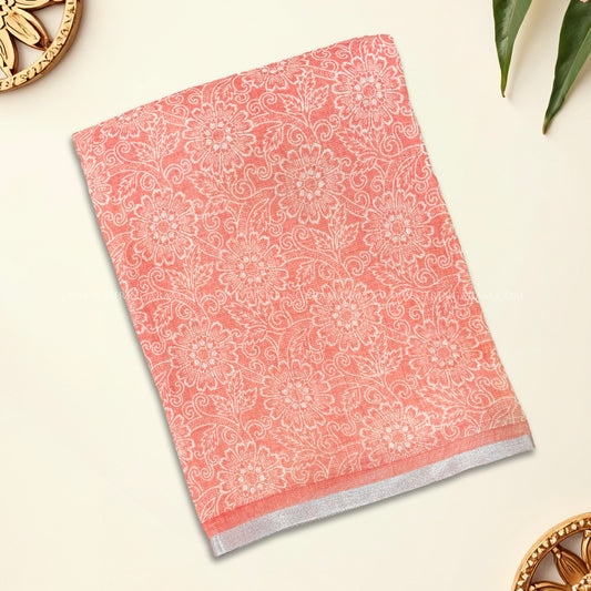 Orange Linen Saree with floral Motifs
