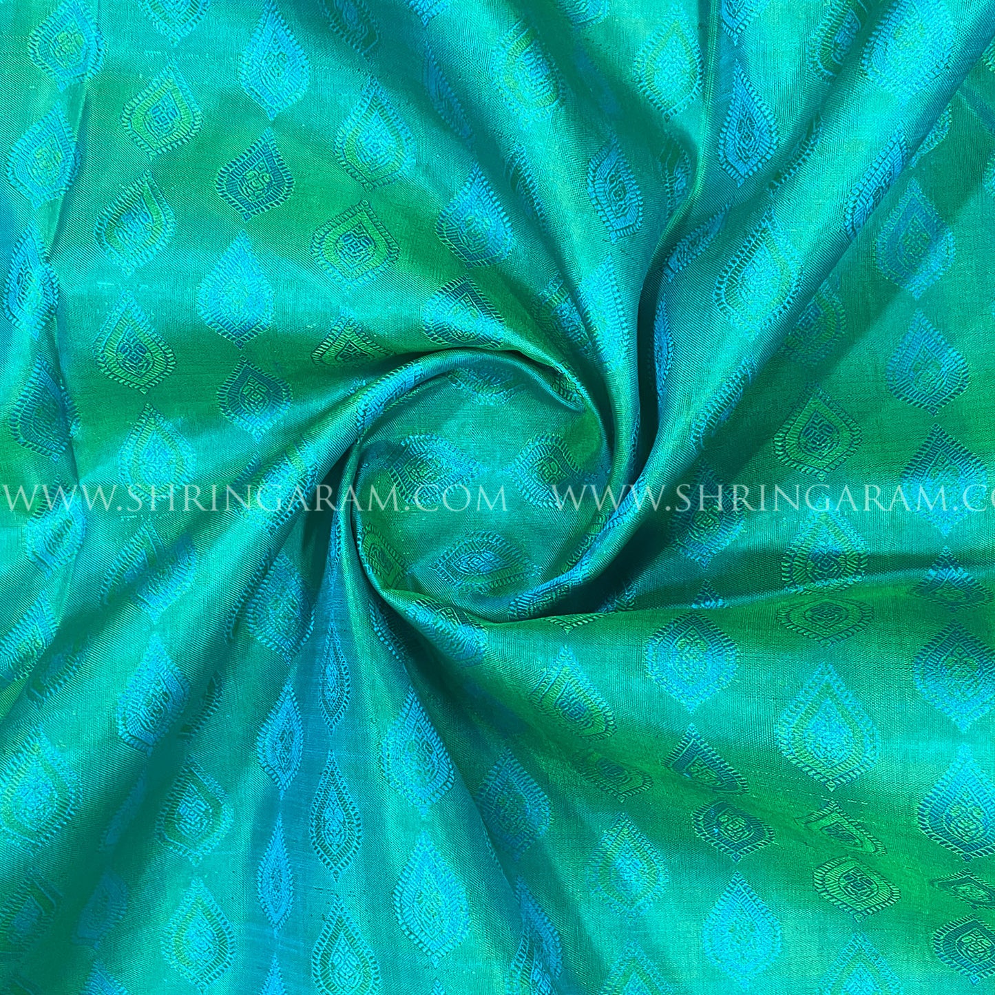 Aqua Green Kanjivaram Silk Saree With Pink-Gold Zari Border