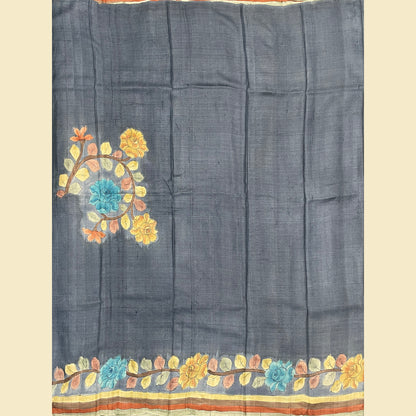 Tussar Silk Saree With Blue Floral Blouse
