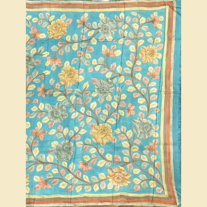 Tussar Silk Saree With Blue Floral Pallu