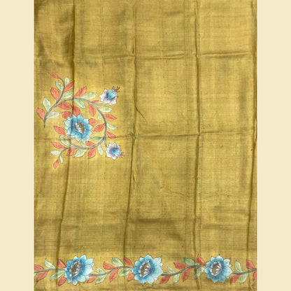 Burnt Saffron Orange Floral Tussar Silk Saree