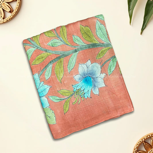 Burnt Saffron Orange Floral Tussar Silk Saree