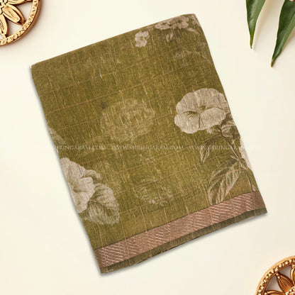 Earthy Olive Green Semi Tussar Silk Saree