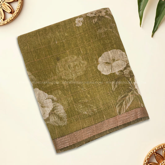 Earthy Olive Green Semi Tussar Silk Saree