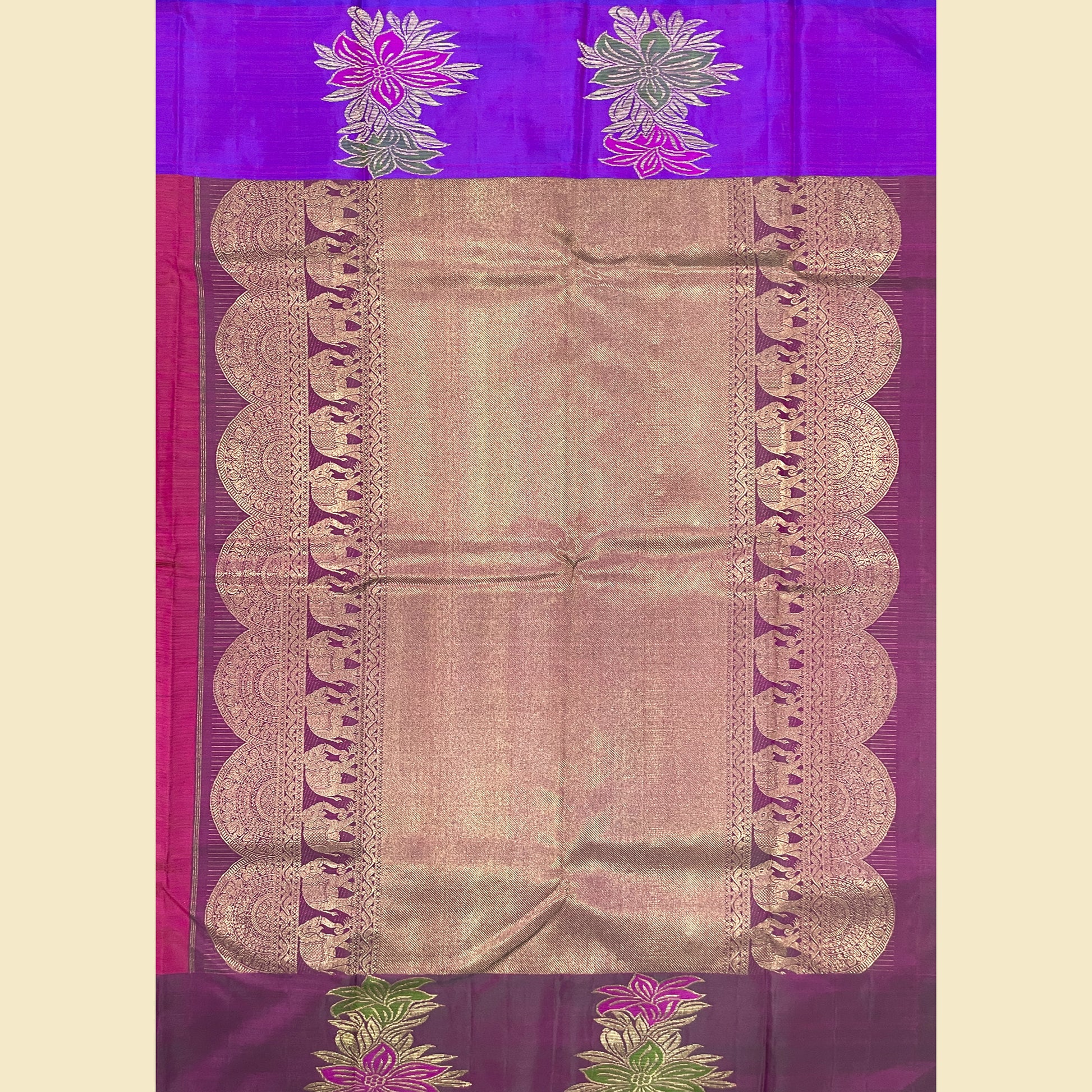 Deep Plum & Coral Orange Kanjivaram Silk Saree Purple Blouse