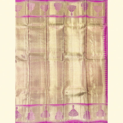 Golden Zari Kanjivaram Silk Saree with Magenta & Royal Blue Motifs