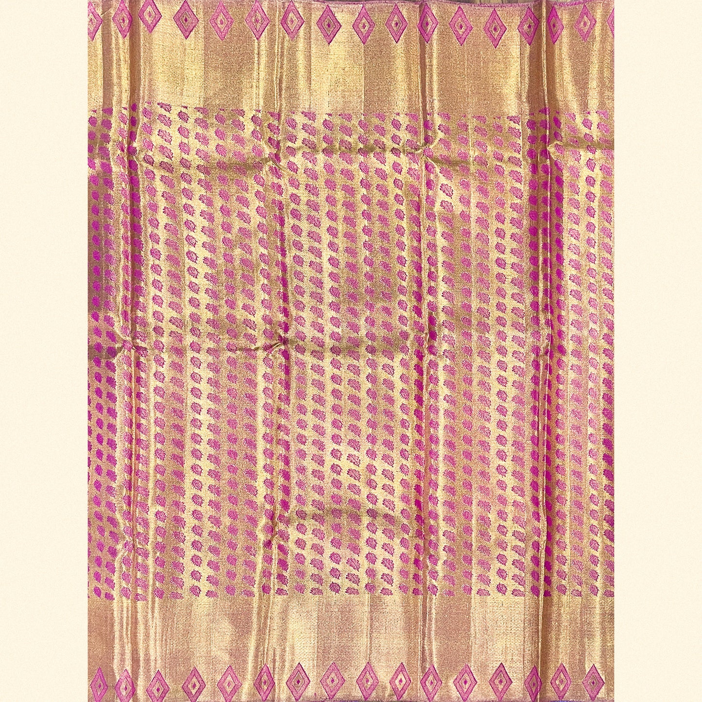 Golden Zari Kanjivaram Silk Saree with Magenta & Royal Blue Motifs