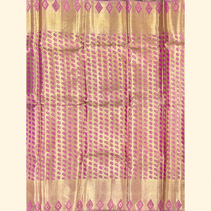 Golden Zari Kanjivaram Silk Saree with Magenta & Royal Blue Motifs