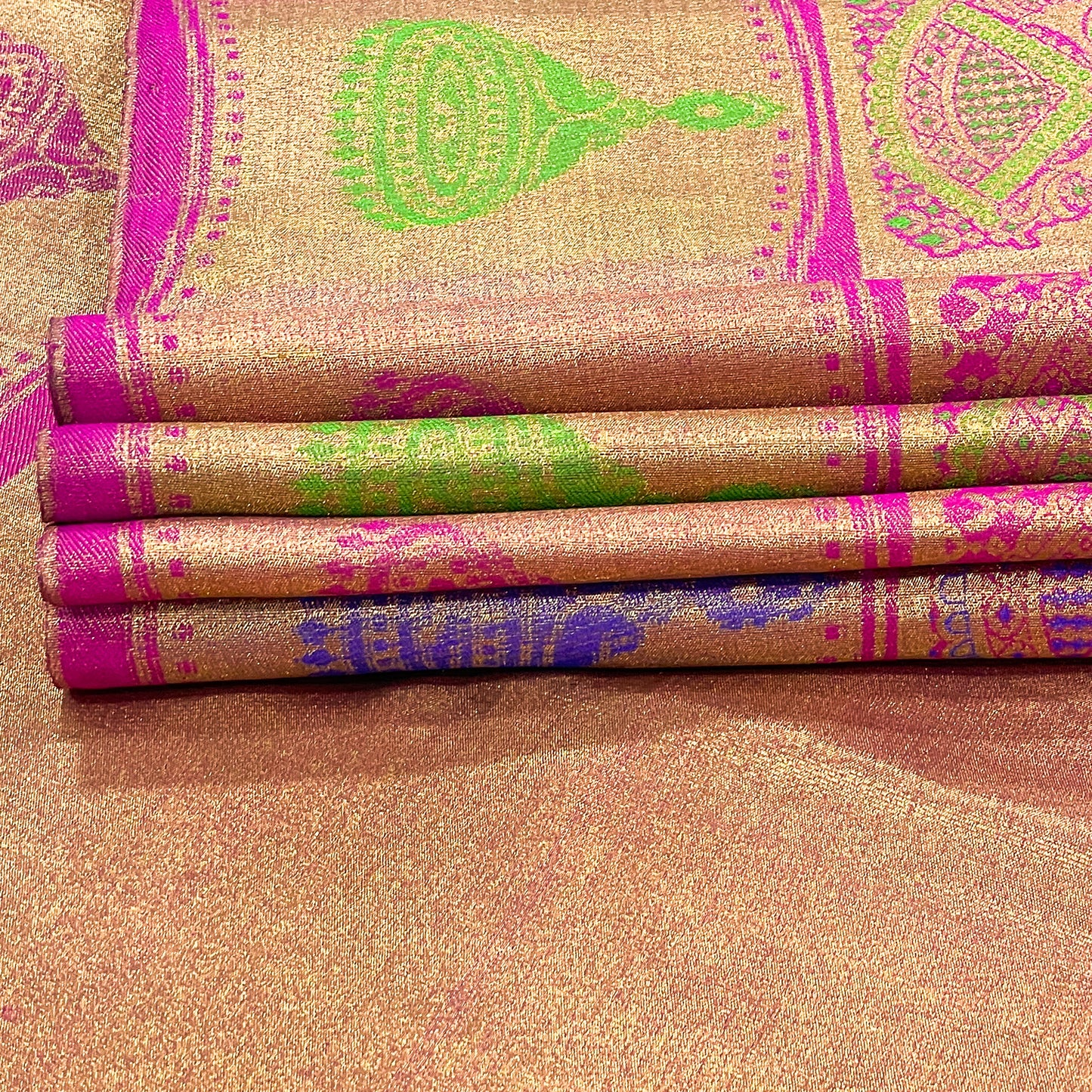 Golden Zari Kanjivaram Silk Saree with Magenta & Royal Blue Motifs