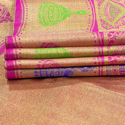 Golden Zari Kanjivaram Silk Saree with Magenta & Royal Blue Motifs